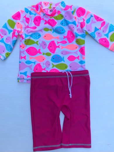 Girls SUN/SWIM SUITS  50+ sun UV protection 3/4 sleeves & long style shorts neon fish print top & cerise coloured shorts